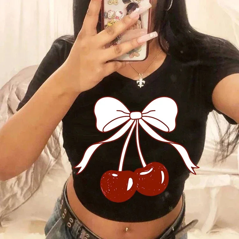 Top Crop Femme Strawberry Cherry - T-Shirt Gothic Harajuku 90s Streetwear Été