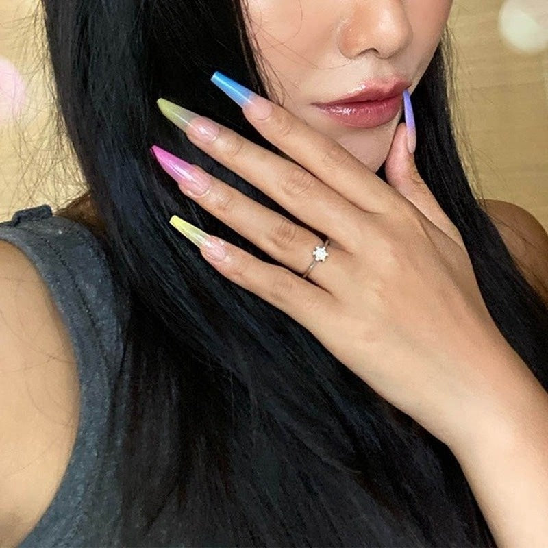 Lot 24pcs Faux Ongles Longs Coffin Arc-en-Ciel - Ballerine Capsules Nail Art Manucure Artificiel Beauté Décoratifs