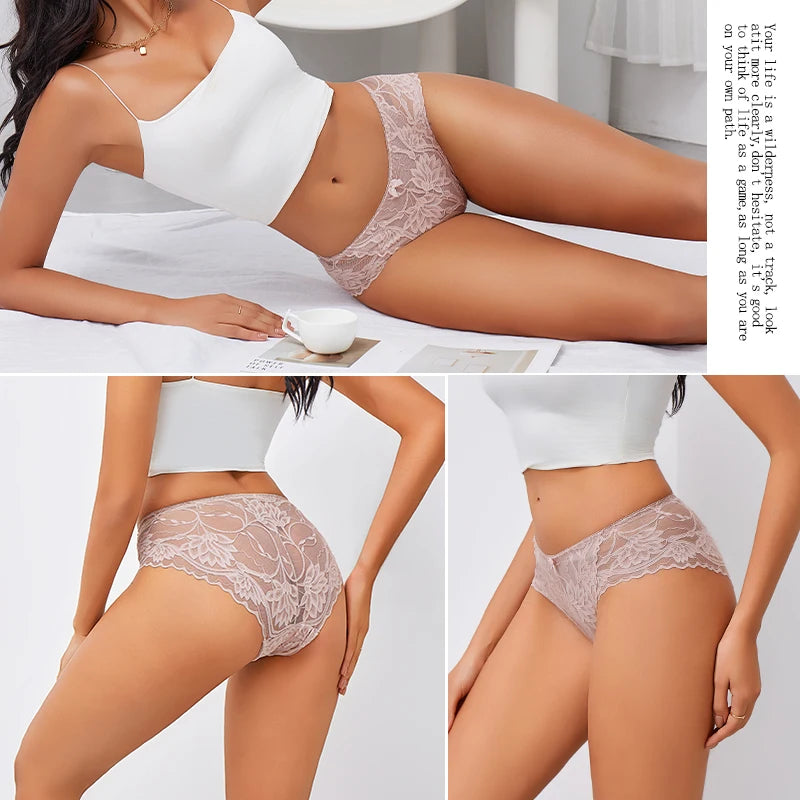 Lot 4 Culottes Femme Dentelle Sexy - String Taille Basse Broderie Florale Respirant Confort