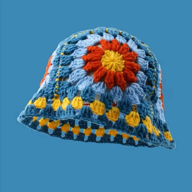 Chapeau Bob Crochet Coréen Fait Main avec Fleurs - Bonnet Tricoté Y2K Femme pour Automne Hiver