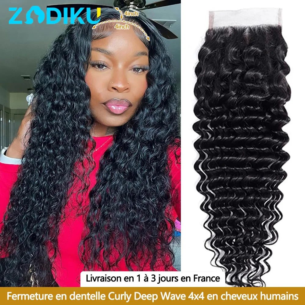 Closure Lace 4x4 Transparent HD Deep Wave - Cheveux Naturels 100% Humains Pré-Plumé