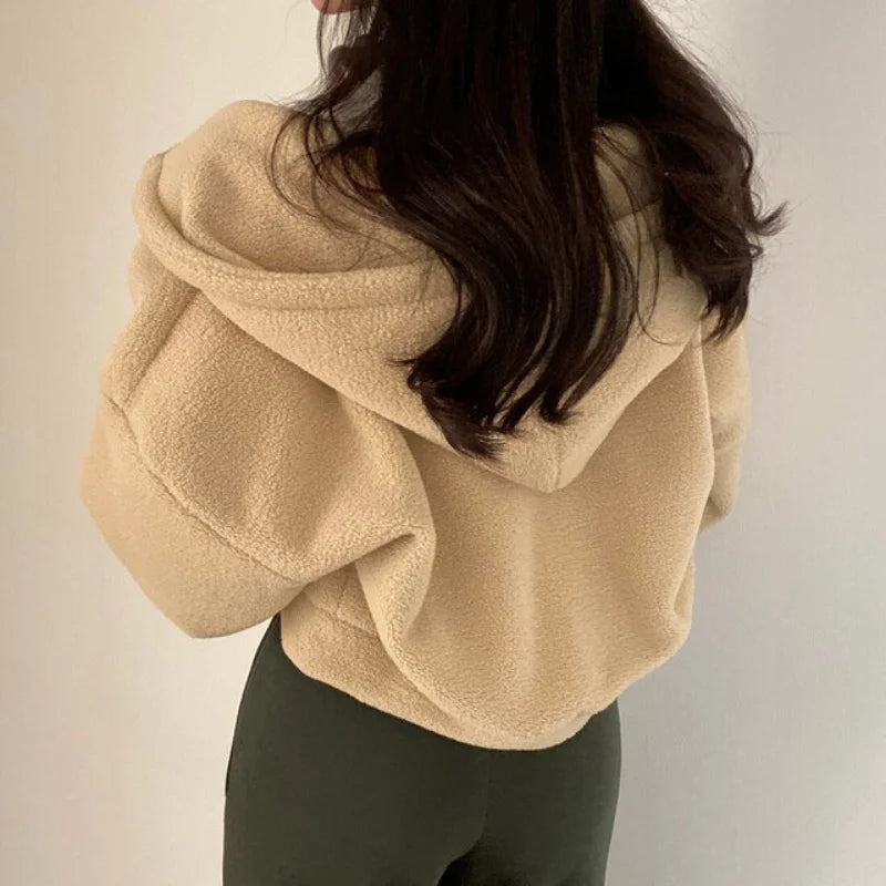 Veste Polaire Doublée Femme Automne Hiver - Hoodie Zippé Court Chaud Streetwear