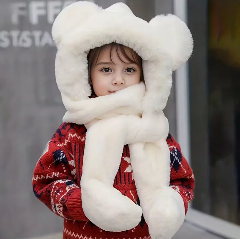 Ensemble Bonnet Écharpe Gants Enfant - Set Hiver Chaud Oreilles Ourson 3-8 Ans