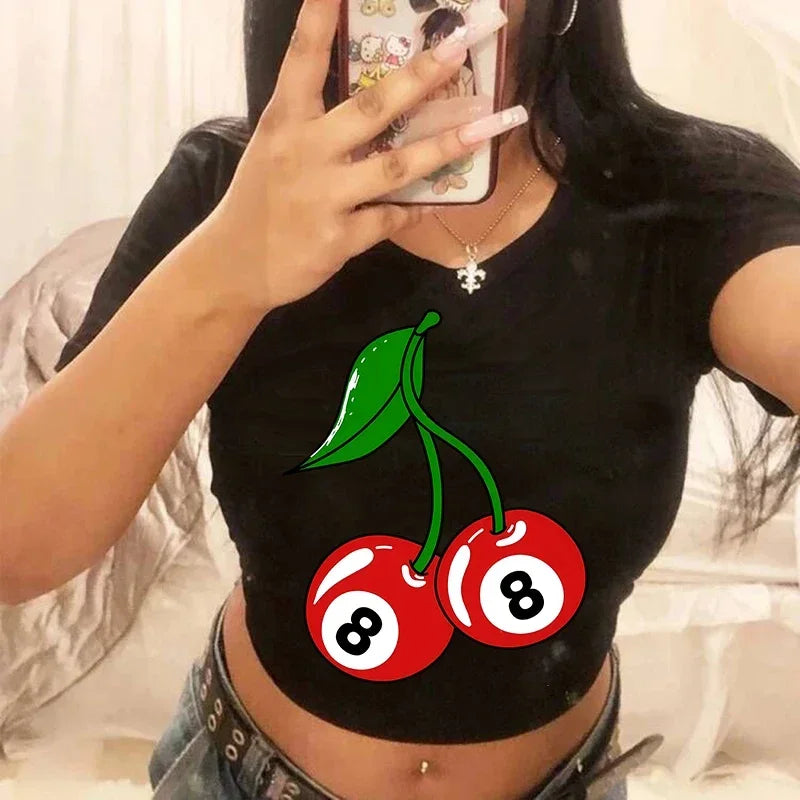 Top Crop Femme Strawberry Cherry - T-Shirt Gothic Harajuku 90s Streetwear Été