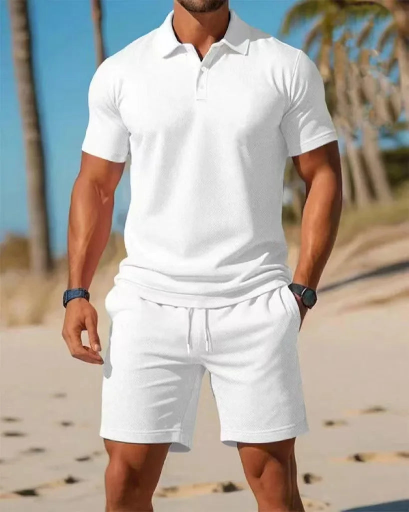 Ensemble Homme 2 Pièces Grande Taille - Polo Manches Courtes à Boutons & Short Mesh Respirant Été Casual