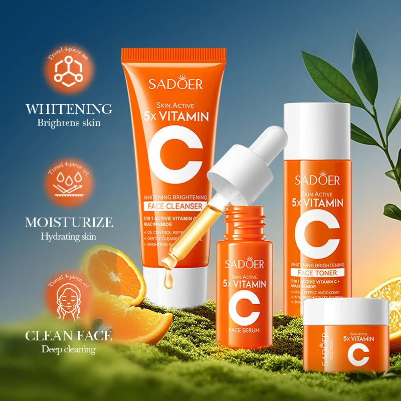 Kit Soin Visage Vitamine C 4 Pièces - Nettoyant Tonique Sérum Crème Éclaircissant Hydratant Voyage