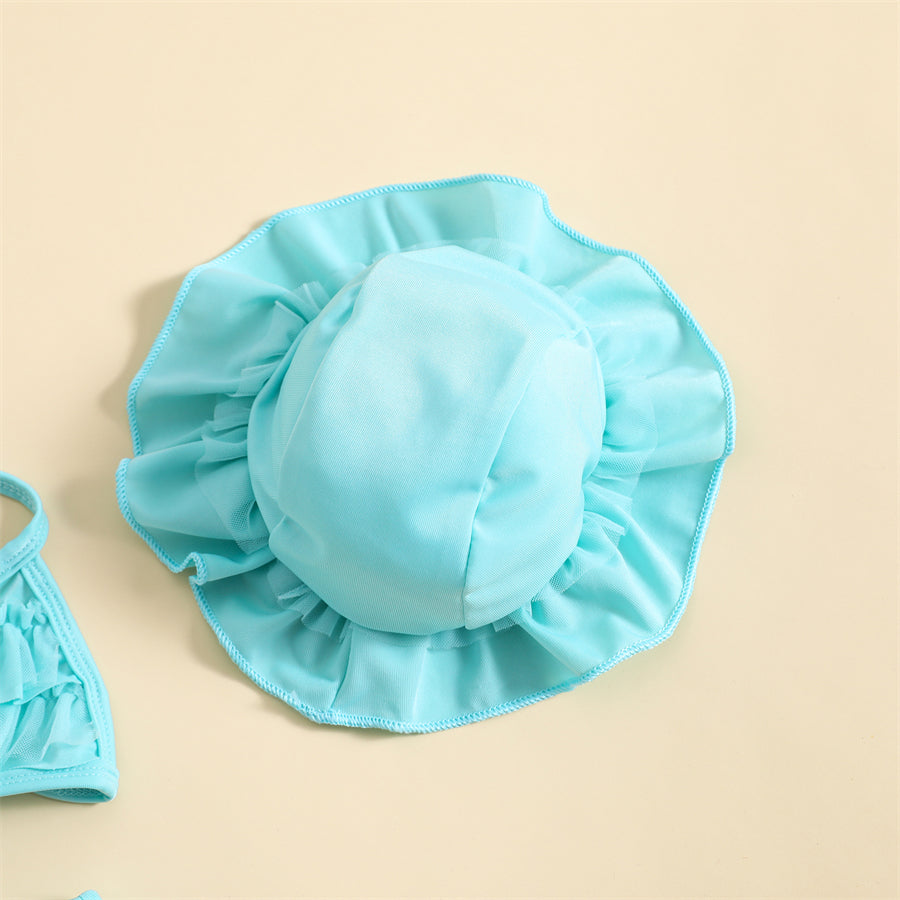 Maillot de Bain Bébé Fille 3 Pièces - Bikini Nœud Halter Volants Chapeau Été
