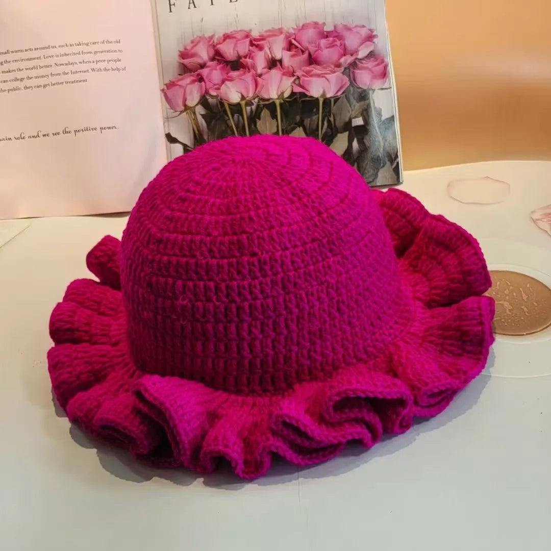 Chapeau Bob Crochet Tricoté Main Femme - Bonnet Pêcheur Bordure à Volants Couleur Unie pour Automne Hiver