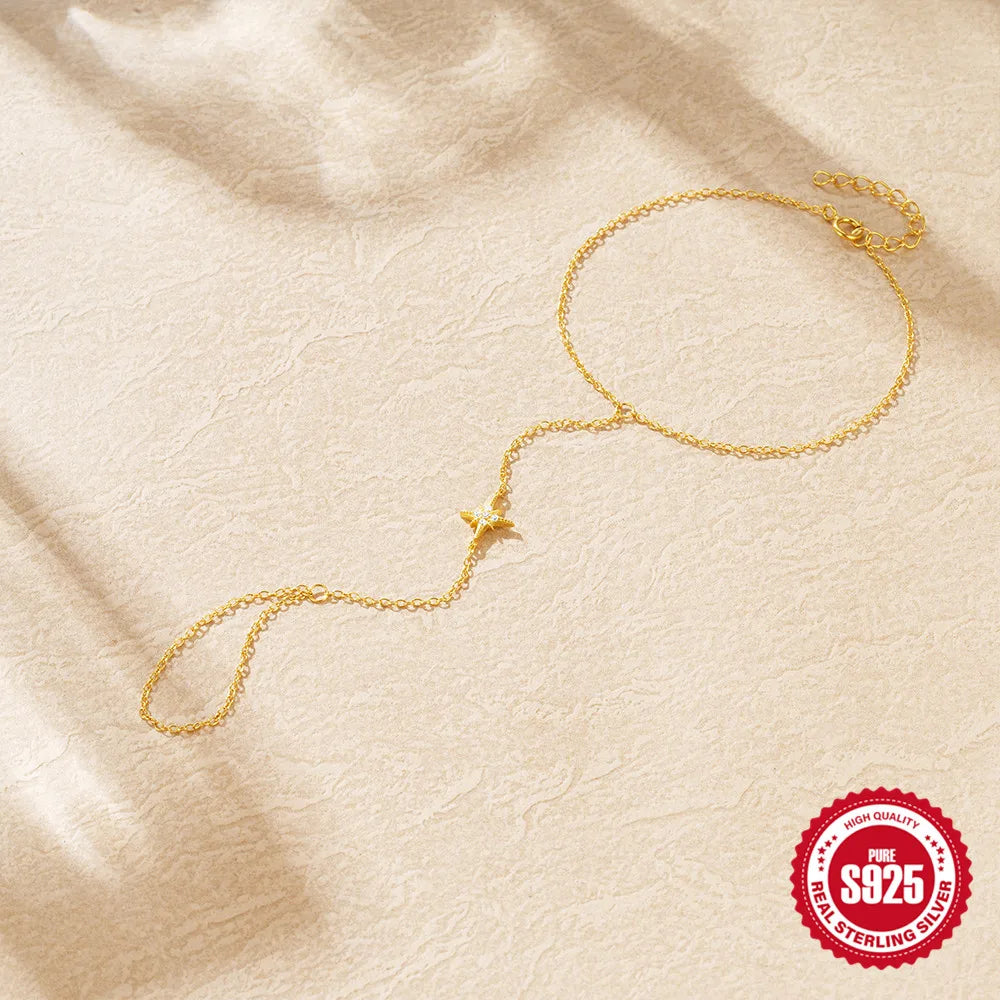 Bracelet Bague Argent 925 Cœur Pétale Zircon - Chaîne Main Femme Minimaliste Scintillant