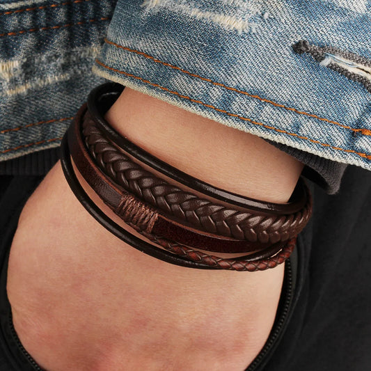 Bracelet Homme Cuir Multi-Couches Tressé - Acier Inoxydable Tendance