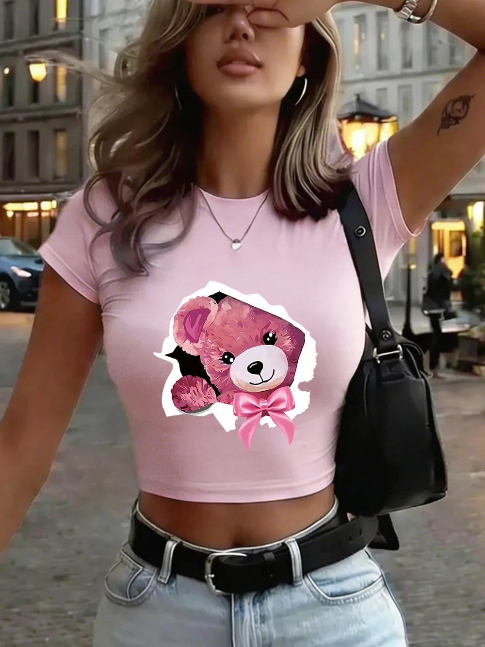 Top Crop Femme Pink Bow Broken Shell Bear - T-Shirt Doux Slim Col Rond Été