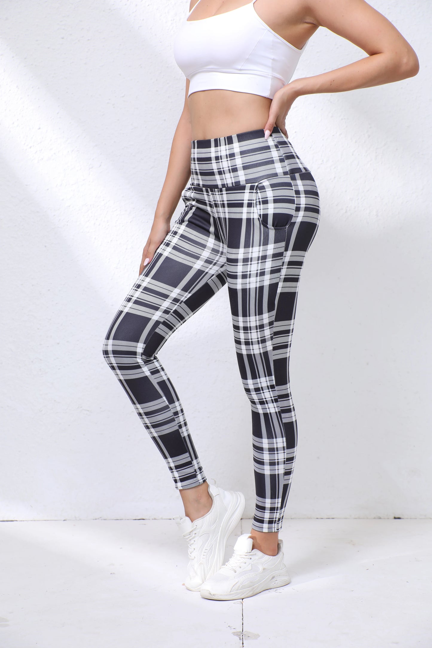 Pantalon Yoga Femme Doublé Polaire - Carreaux Noir Blanc