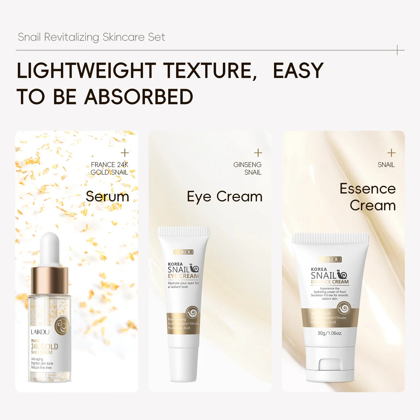Set Luxe Sérum Or 24K Bave d'Escargot - Crème Yeux Essence Réparation Hydratant Anti-Rides Pores Lissant Soin Visage