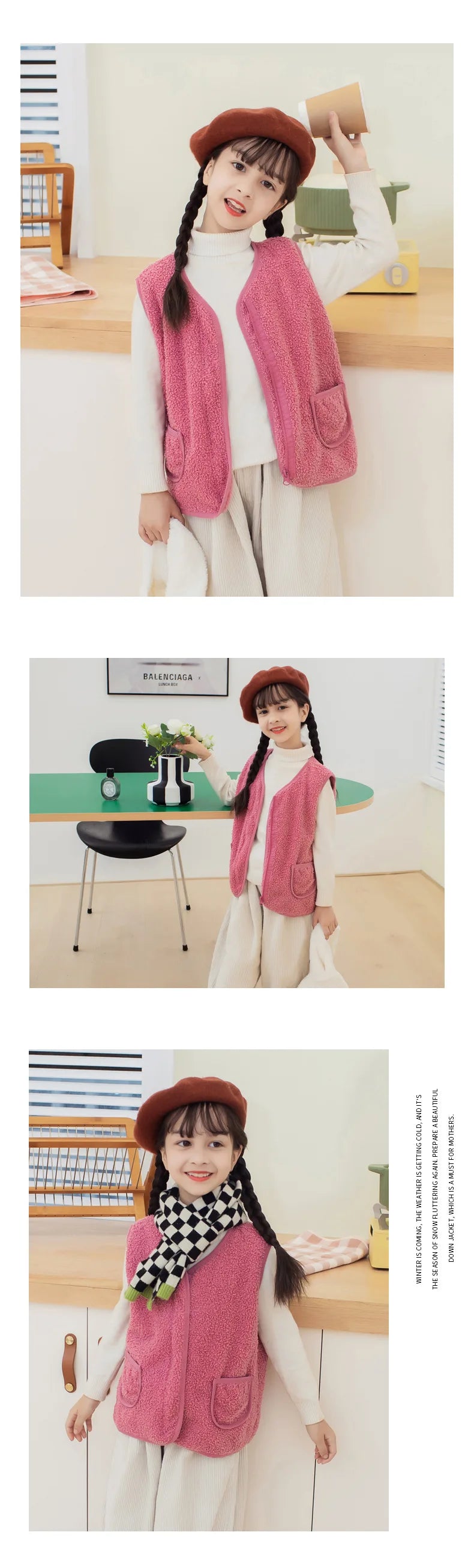 Gilet Enfant Laine d'Agneau Automne Hiver - Sans Manches Chaud Double Couche Garçon Fille