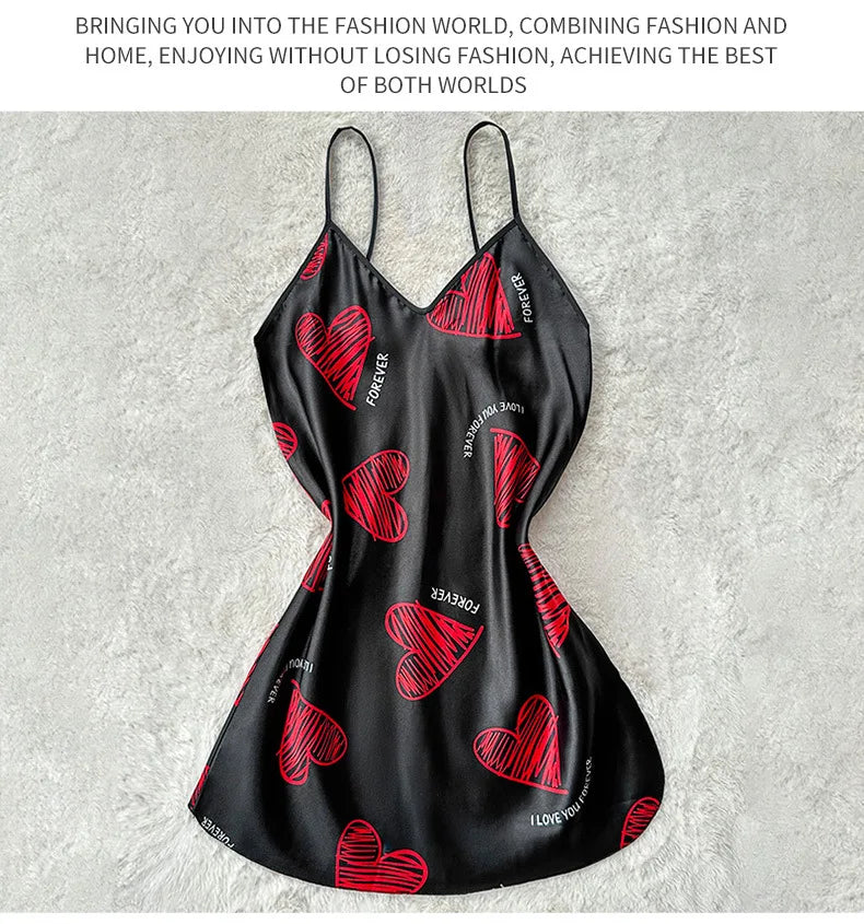 Nuisette Satin Imprimée Col V Dos Nu - Mini Sleep Dress Sexy Pyjama Cosplay Femme