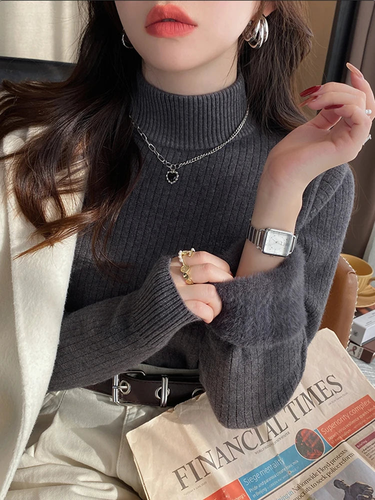 Pull Col Roulé Femme Hiver 2025 - Doublure Velours Épais Thermique Rétro