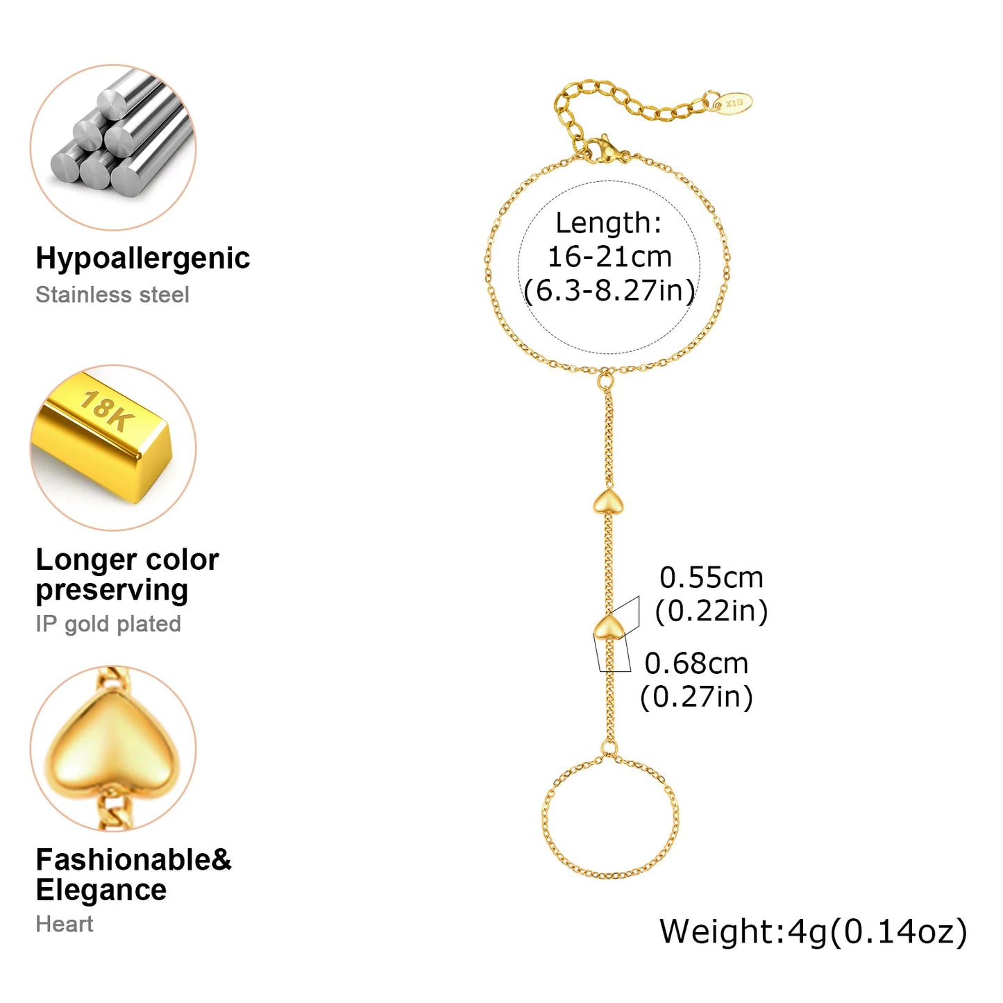 Bracelet Bague Chaîne Acier Inoxydable Femme - Bijou Main Perles Vnox Tendance Cadeau