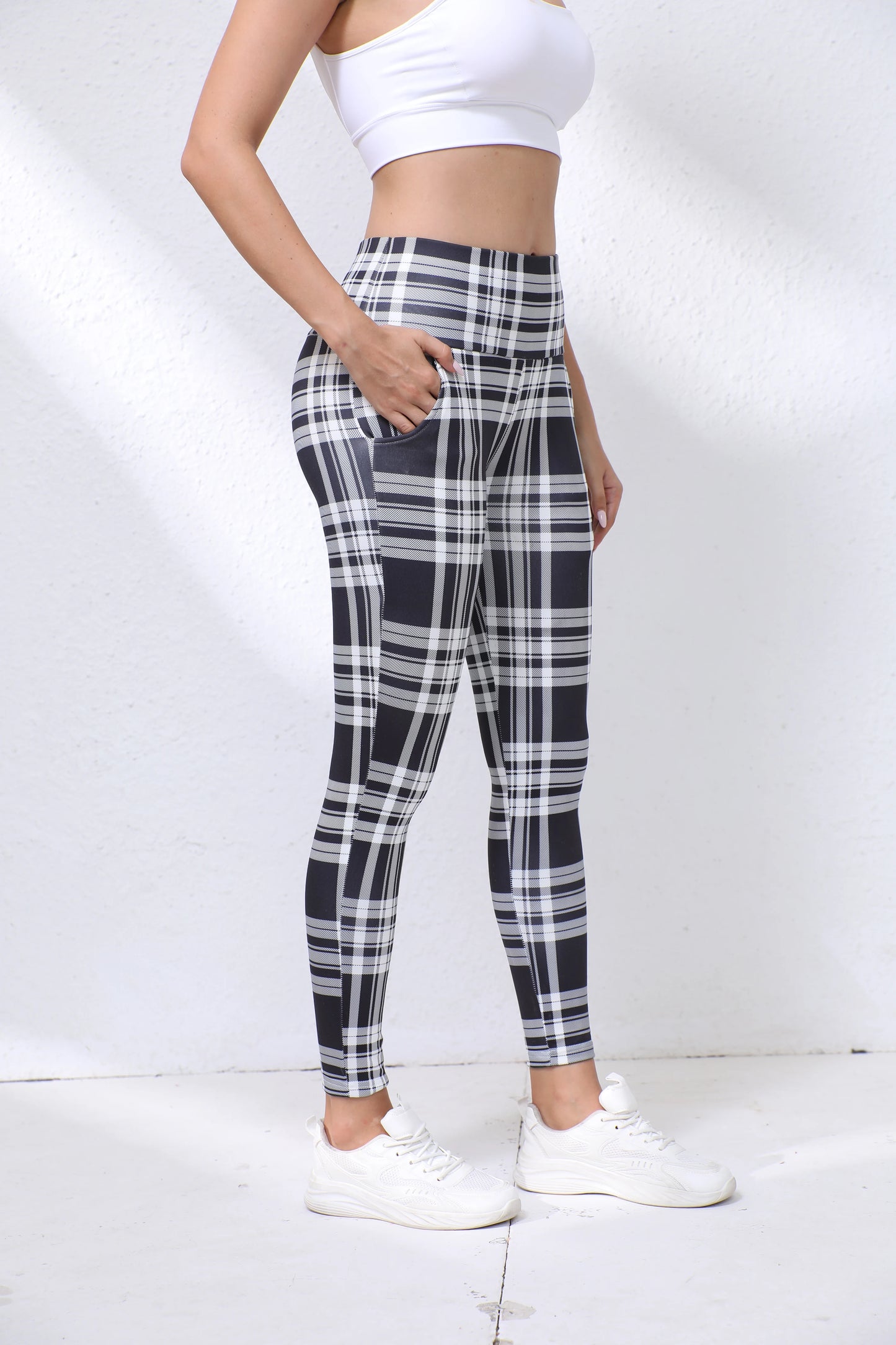 Pantalon Yoga Femme Doublé Polaire - Carreaux Noir Blanc