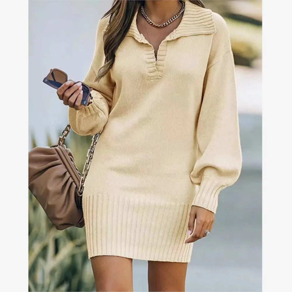 Robe Pull Femme Mi-Longue - Sweater Dress Col Polo Manches Lanterne Tricot Élégant Automne Hiver