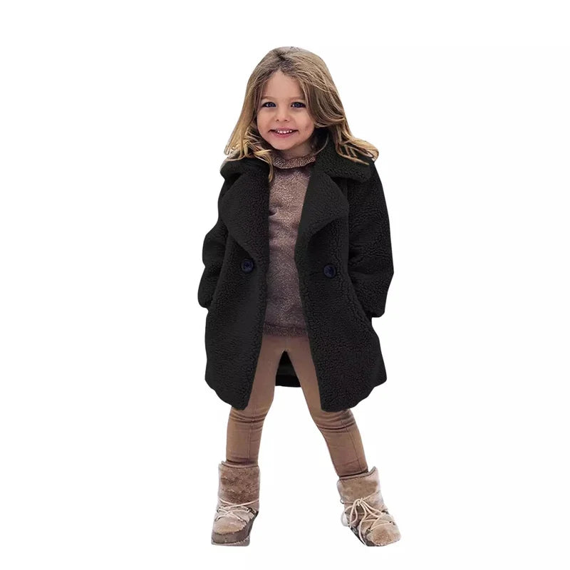 Veste Laine d'Agneau Enfant - Manteau Chaud Hiver Polaire - Boutons Simple Rangée 2-14 Ans
