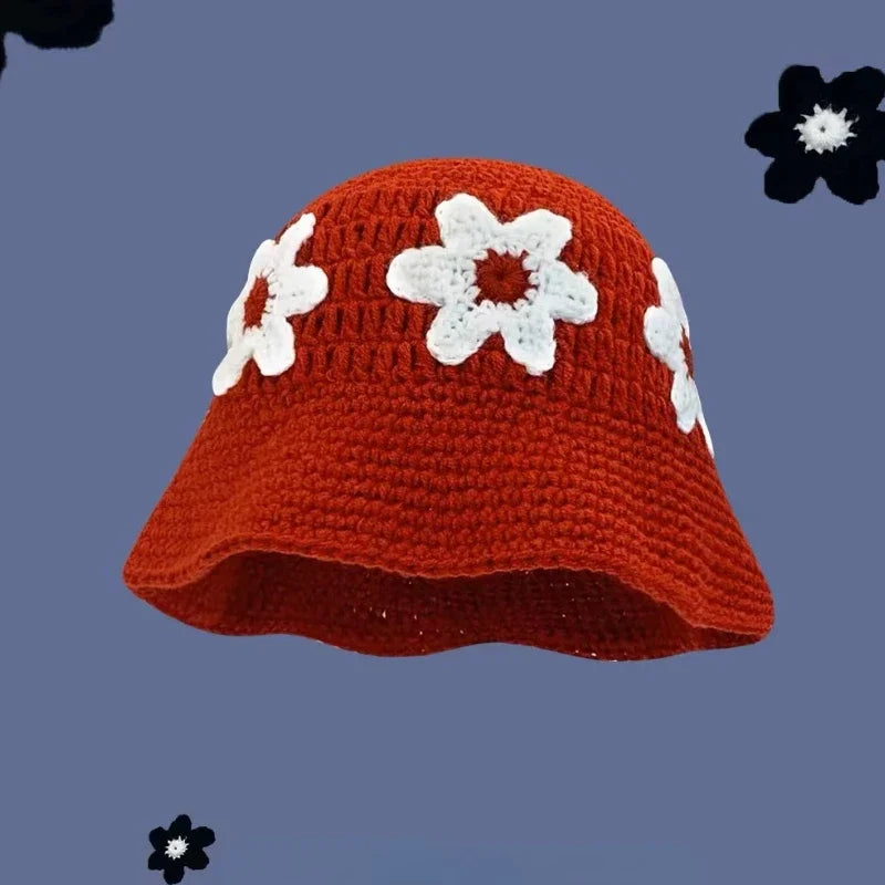 Chapeau Bob Crochet Coréen Fait Main avec Fleurs - Bonnet Tricoté Y2K Femme pour Automne Hiver