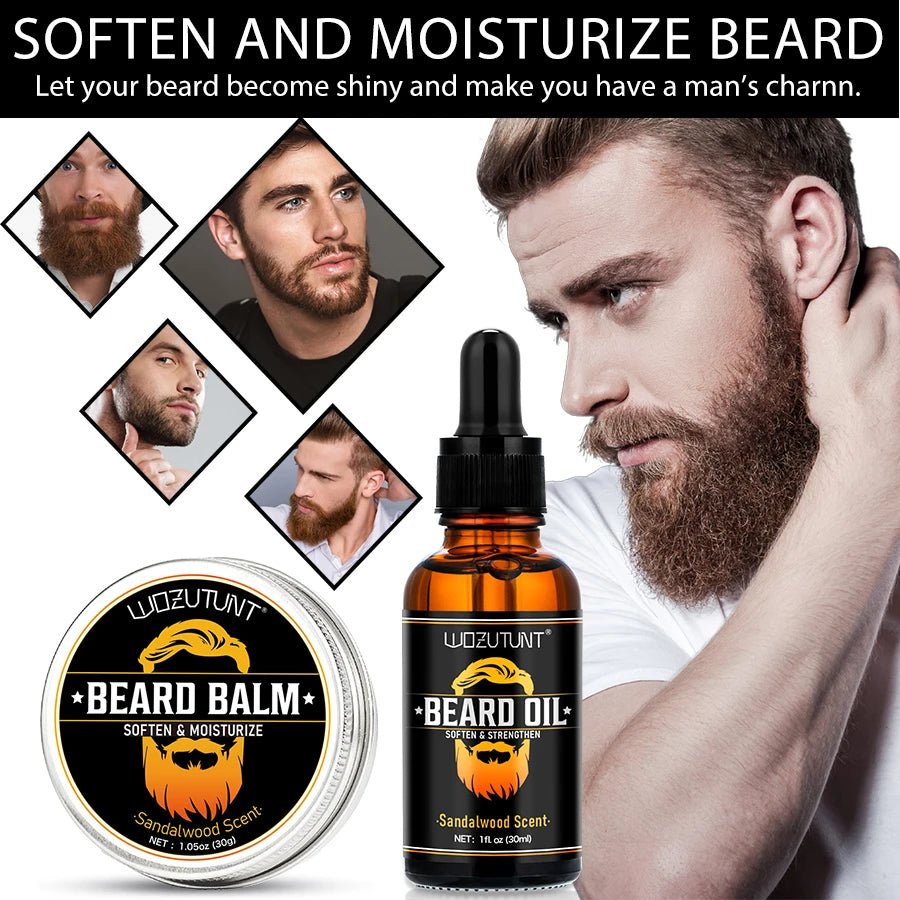 Kit Soin Barbe Homme 5 Pièces - Huile & Baume Hydratant Nourrissant Croissance Moustache avec Outils