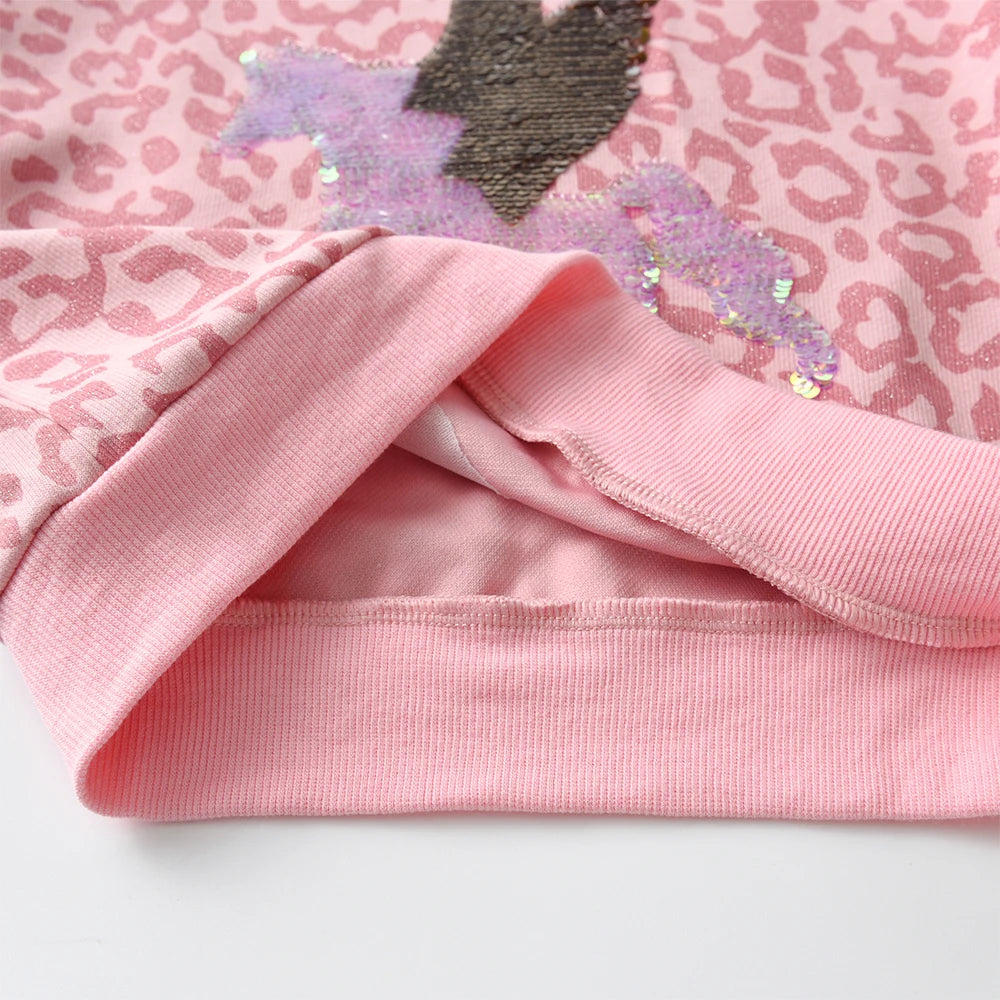 Sweat-shirt Fille à Sequins - Imprimé Léopard Rose - Sportswear Décontracté