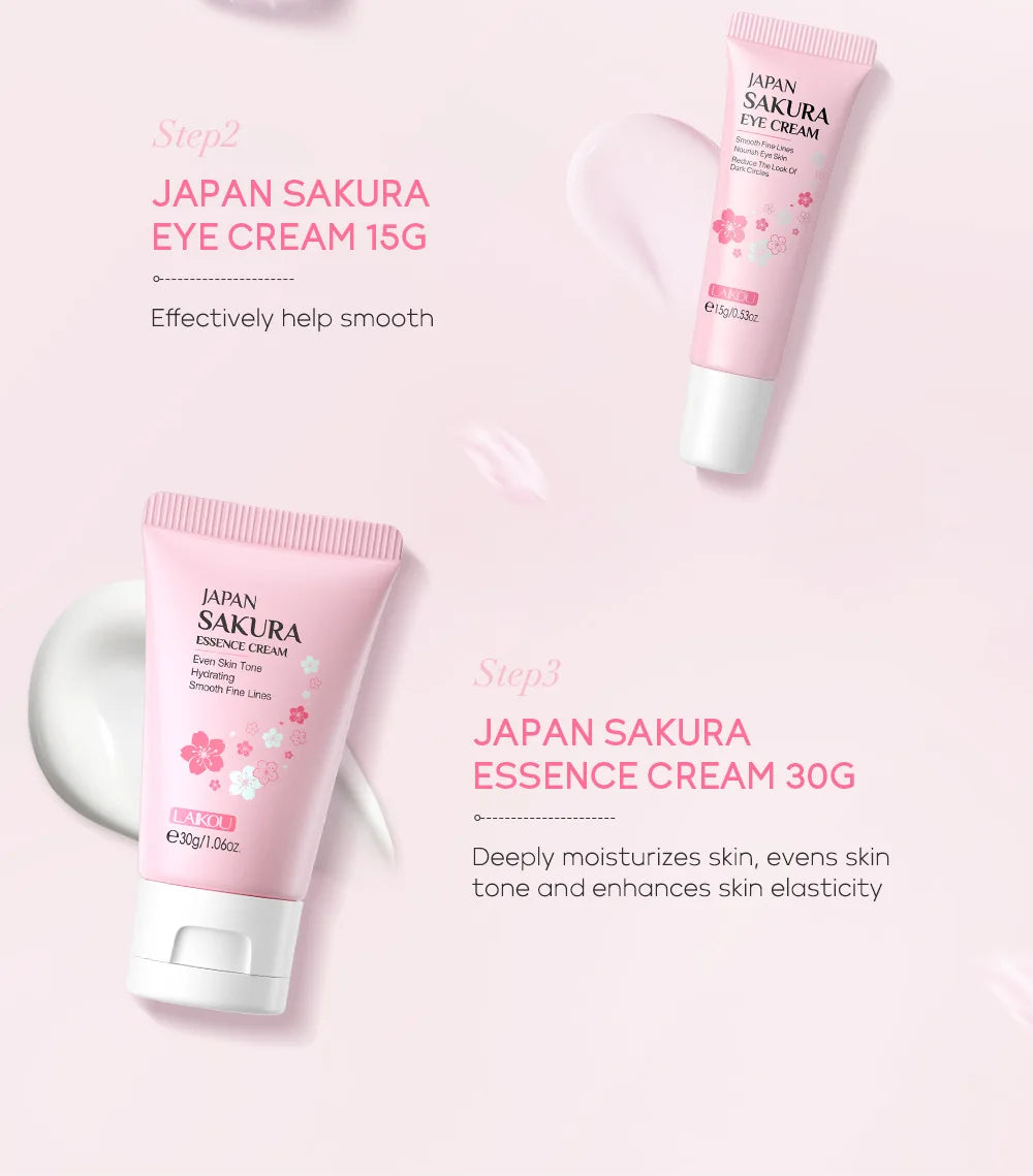 Coffret Soin Visage LAIKOU 3pcs - Vitamine C Or 24K Sakura Crème Sérum Contour Yeux Hydratant Anti-Rides