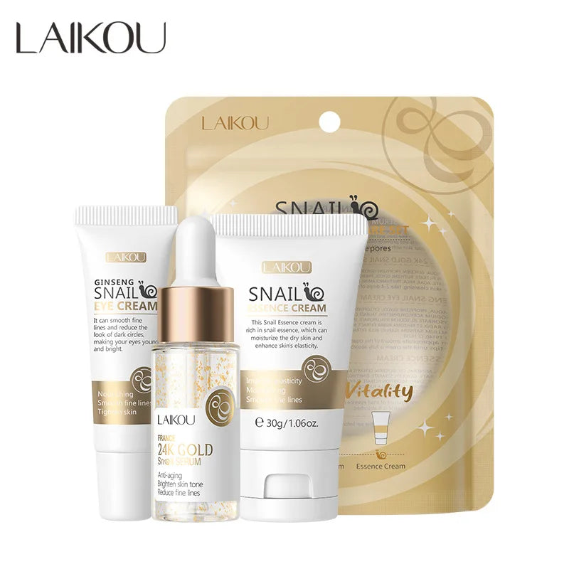 Coffret Soin Visage LAIKOU 3pcs - Vitamine C Or 24K Sakura Crème Sérum Contour Yeux Hydratant Anti-Rides
