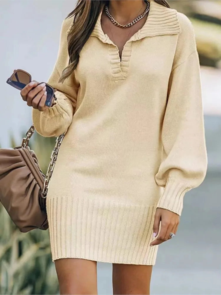 Robe Pull Femme Mi-Longue - Sweater Dress Col Polo Manches Lanterne Tricot Élégant Automne Hiver