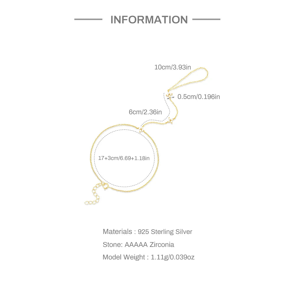 Bracelet Bague Argent 925 Cœur Pétale Zircon - Chaîne Main Femme Minimaliste Scintillant