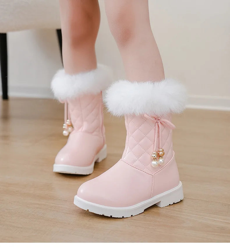 Bottes Neige Filles 2025 avec Nœud - Bottines Hiver Fourrées Imperméables Mi-Mollet