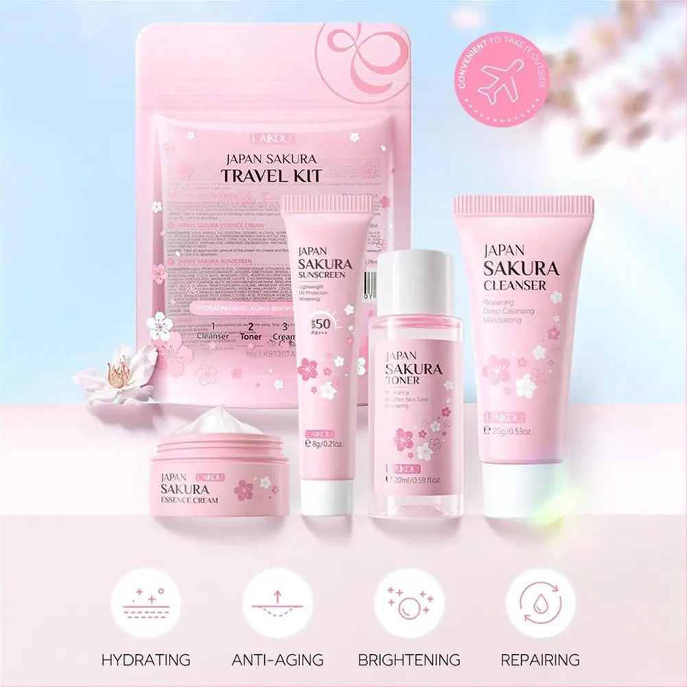Coffret Soin Visage Sakura 5pcs - Nettoyant Sérum Crème Yeux Visage Protection Solaire Voyage Femme
