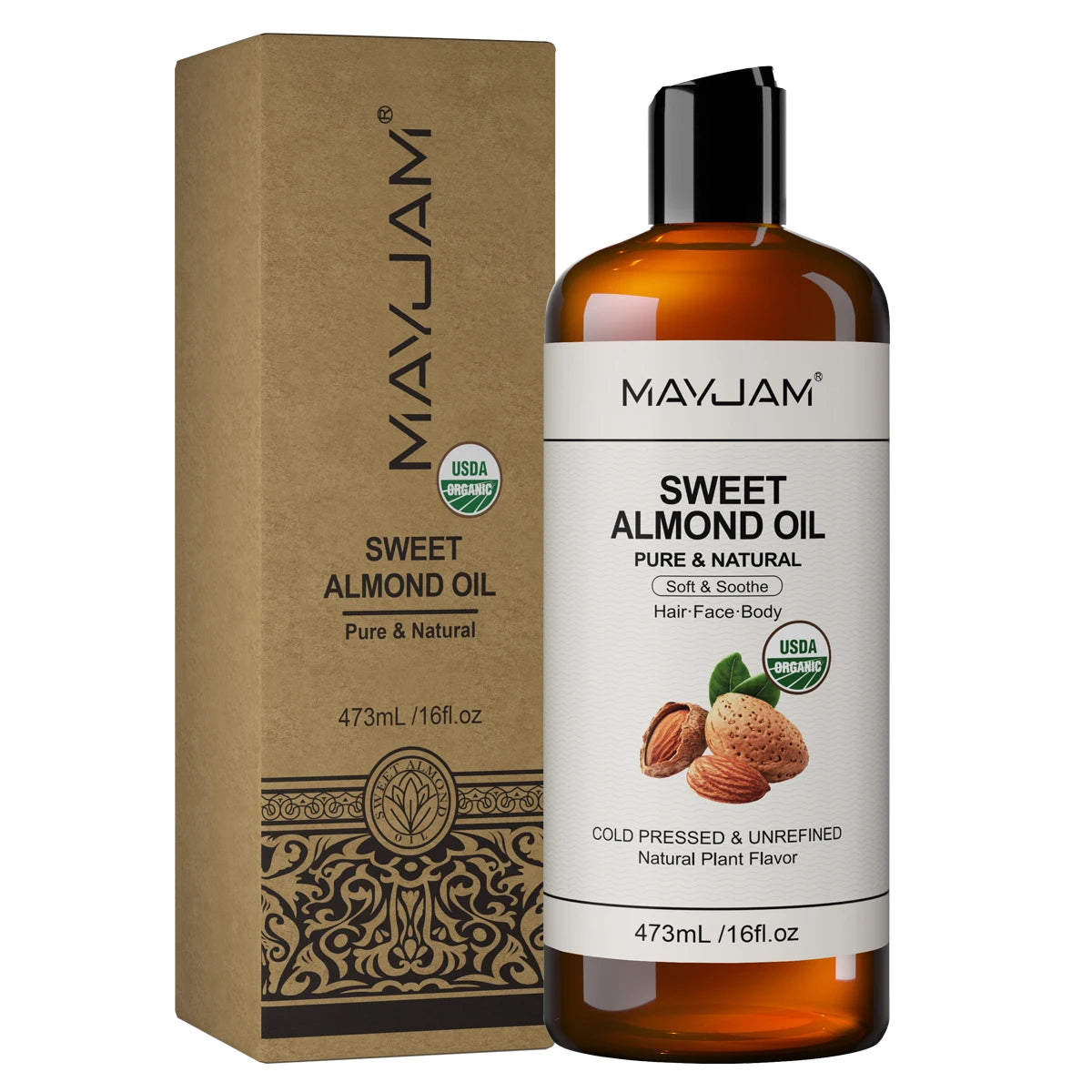 Huile Végétale Bio 473ml MAYJAM - Tournesol Amande Argan Jojoba Coco, Massage Hydratation Cheveux Peau Visage