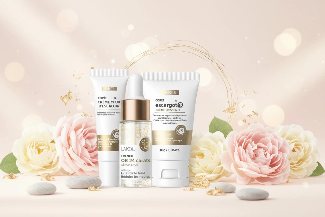 Set Luxe Sérum Or 24K Bave d'Escargot - Crème Yeux Essence Réparation Hydratant Anti-Rides Pores Lissant Soin Visage