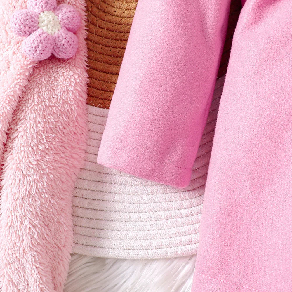 Ensemble Manteau Peluche Fille 2 Pièces Hiver Veste Col Revers + Bonnet