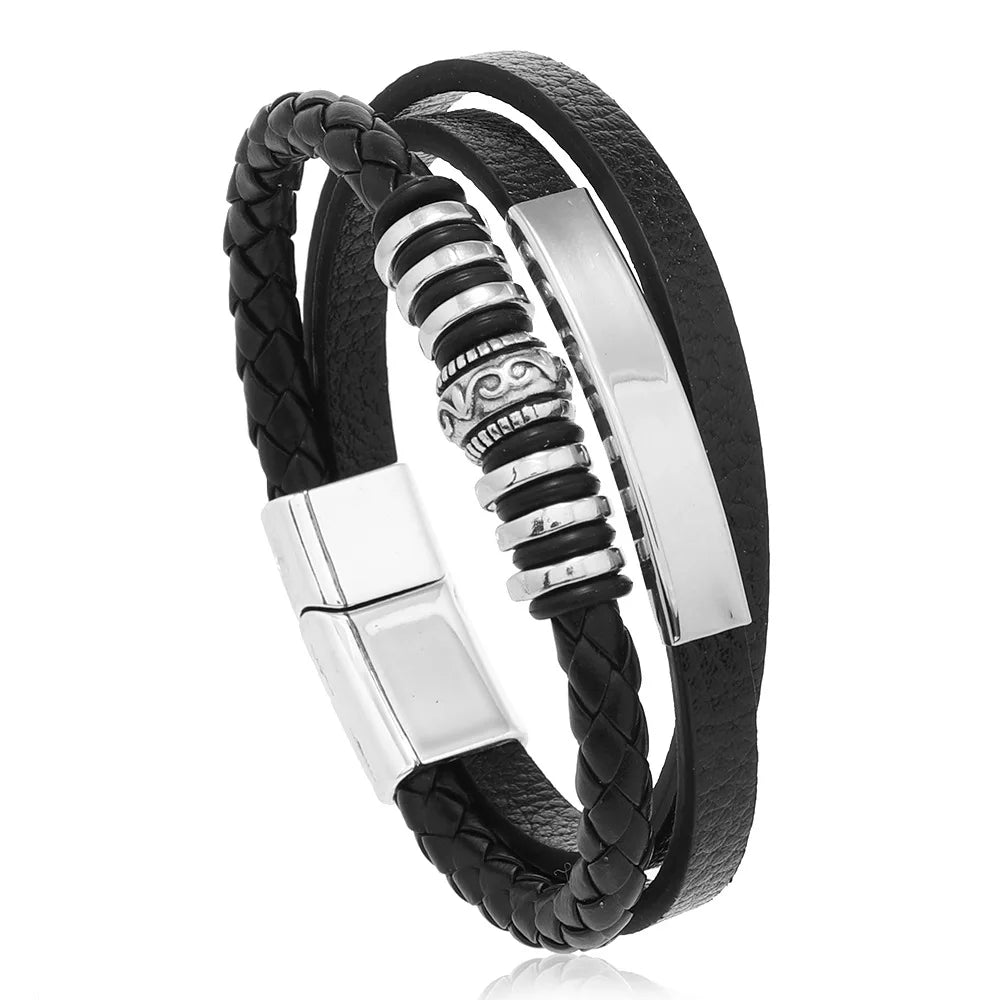 Bracelet Homme Cuir Tendance 21cm - Multi-Couches Tressé Acier Cadeau