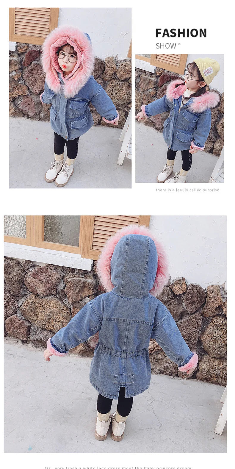 Veste en jean fille hiver - Denim avec capuche fourrée