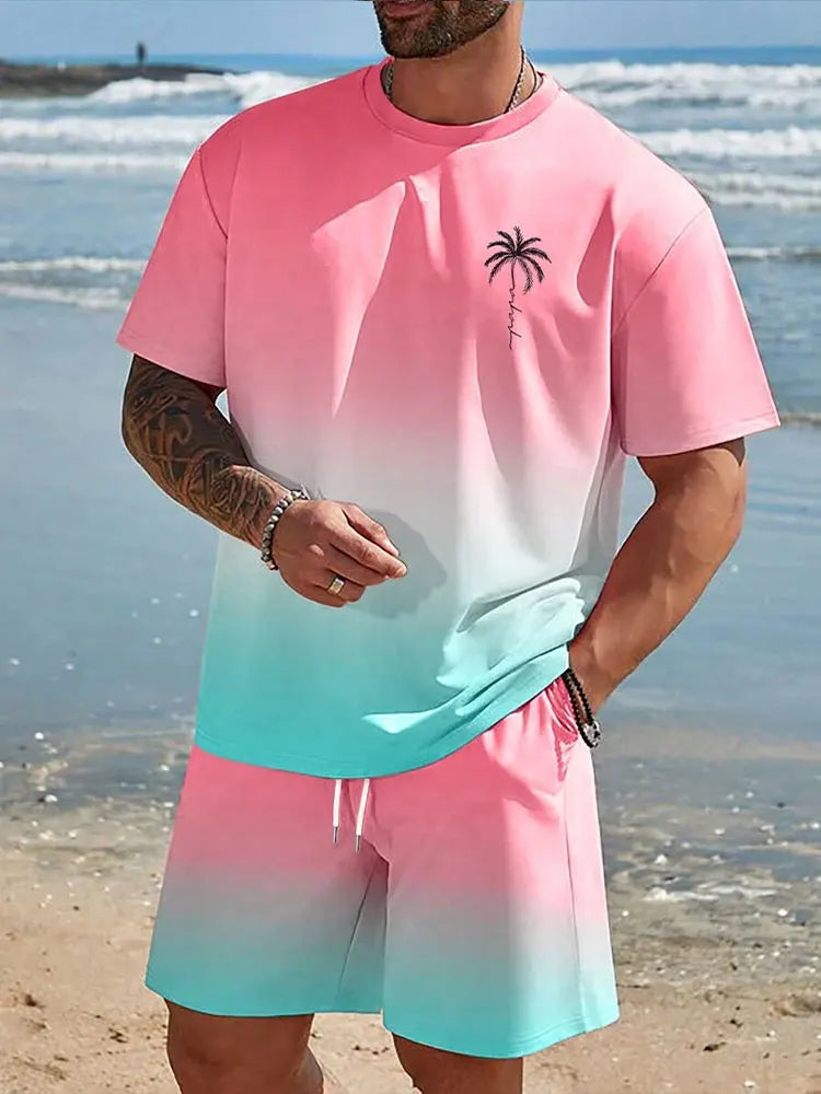 Ensemble Homme 2 Pièces Imprimé Hawaïen - T-Shirt Manches Courtes & Short de Plage