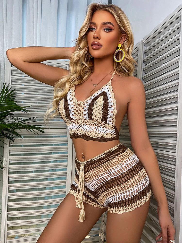 Ensemble Bikini Crochet Rayé Arc-en-Ciel - Top Épaules Dénudées et Bas Assorti Multicolore pour Plage