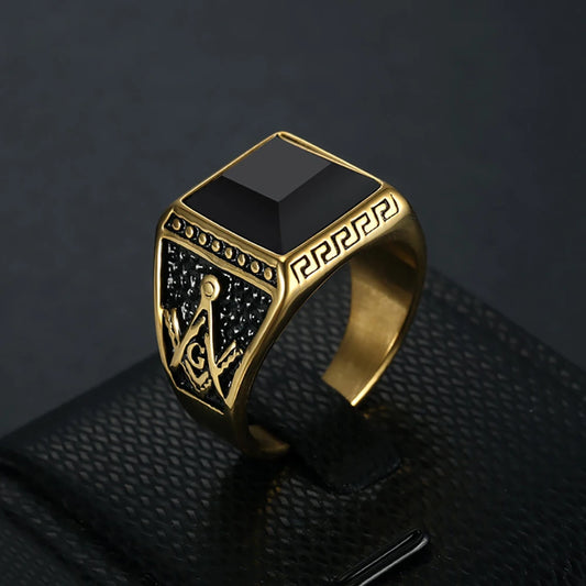 Bague Carrée Noire Acier Inoxydable - Style Gothique Maçonnique