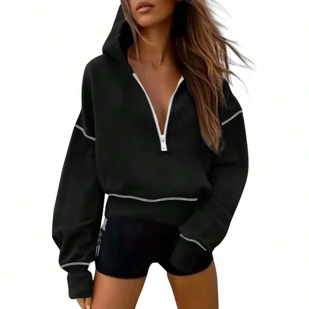Sweat Femme Court Capuche Demi-Zip - Hoodie Loose Casual Manches Longues Printemps Automne