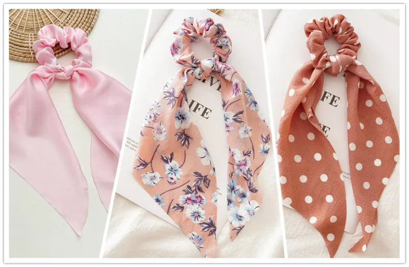 Lot 3pcs Chouchous Cheveux Long Ruban Noué Femme Fille - Élastiques Queue de Cheval Bandeau Accessoires Mode