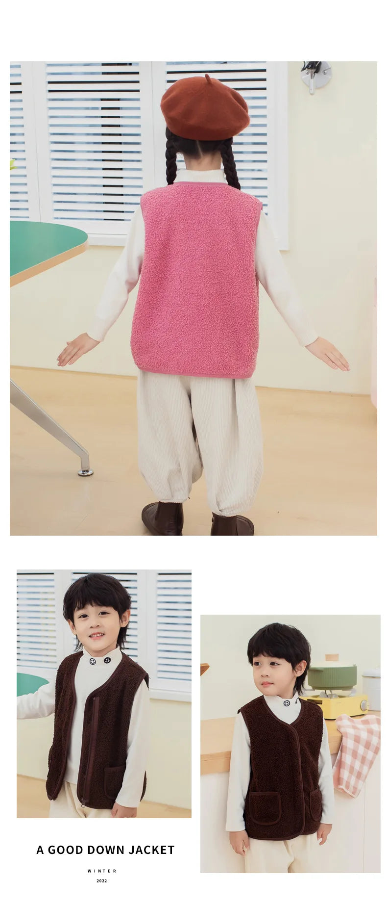 Gilet Enfant Laine d'Agneau Automne Hiver - Sans Manches Chaud Double Couche Garçon Fille