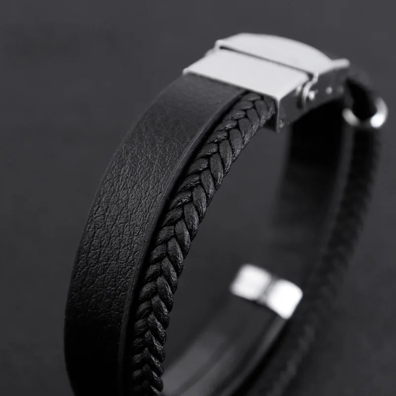 Bracelet Homme Cuir Tressé Gravure Personnalisée - Acier Inoxydable Bicolore