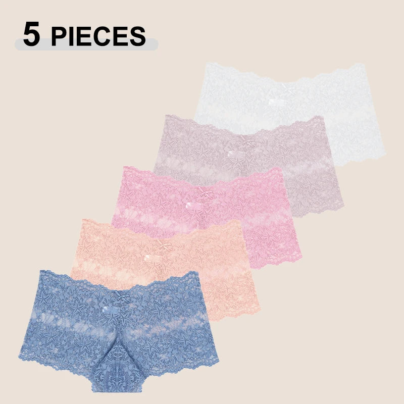 Lot de 5 Culottes Femme Dentelle Taille Haute - Shorty Sexy Transparent Motif Étoile