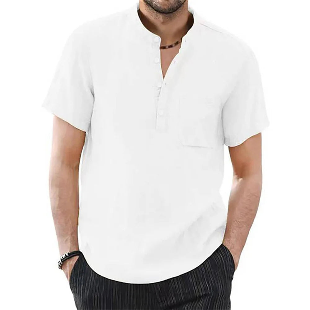 T-Shirt Homme Coton Lin Casual - Couleur Unie Respirant Été