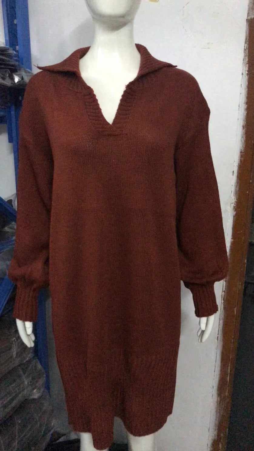 Robe Pull Femme Mi-Longue - Sweater Dress Col Polo Manches Lanterne Tricot Élégant Automne Hiver
