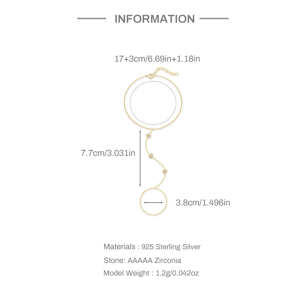 Bracelet Bague Argent 925 Cœur Pétale Zircon - Chaîne Main Femme Minimaliste Scintillant