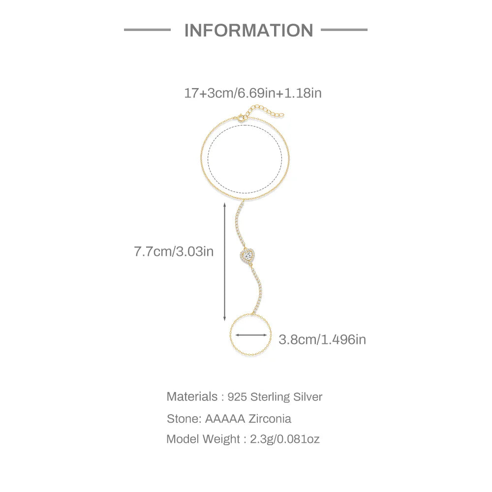 Bracelet Bague Argent 925 Cœur Pétale Zircon - Chaîne Main Femme Minimaliste Scintillant